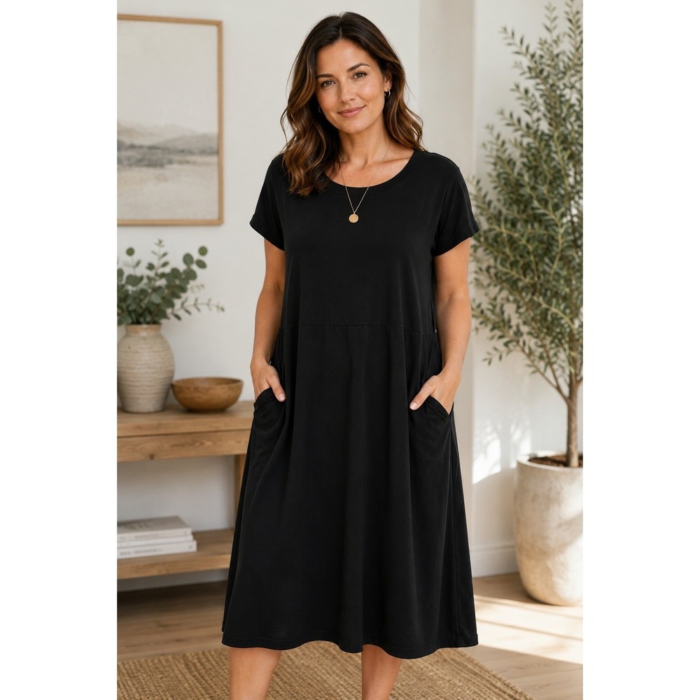 J Jill Wearever Collection Dress XL Black Rayon Stretch Pockets Midi
